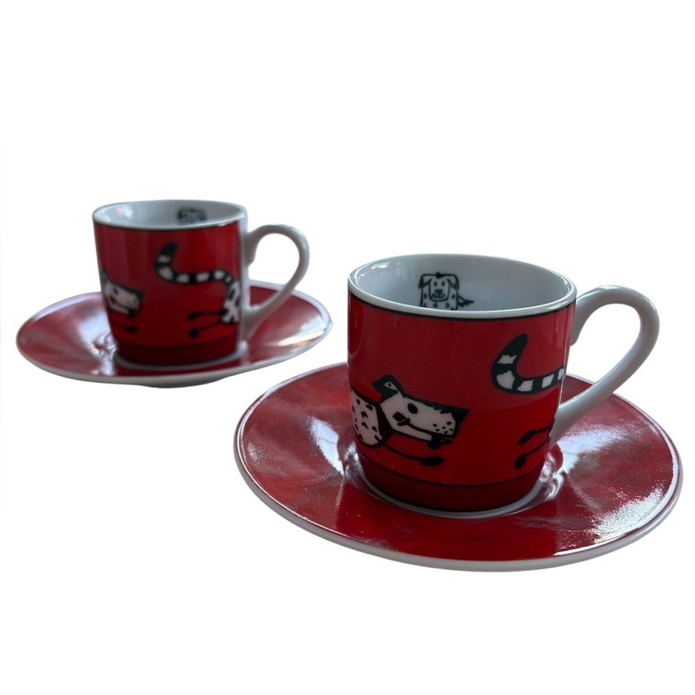 Red Dog Print Espresso Cup and Saucer - Set of 2